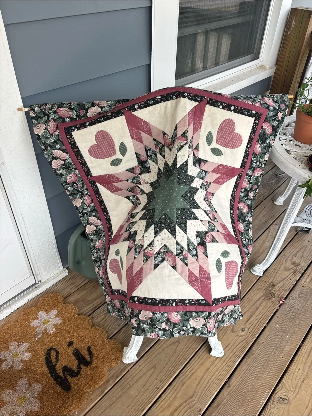 Handmade Floral Star Patchwork Quilt in Pink, Green and Cream